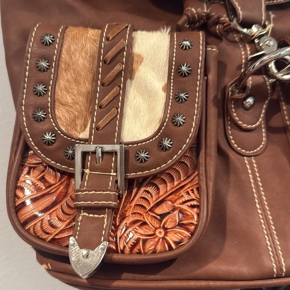 Cream and Brown Genuine Cowhide Leather Western Backpack with Rustic Charm